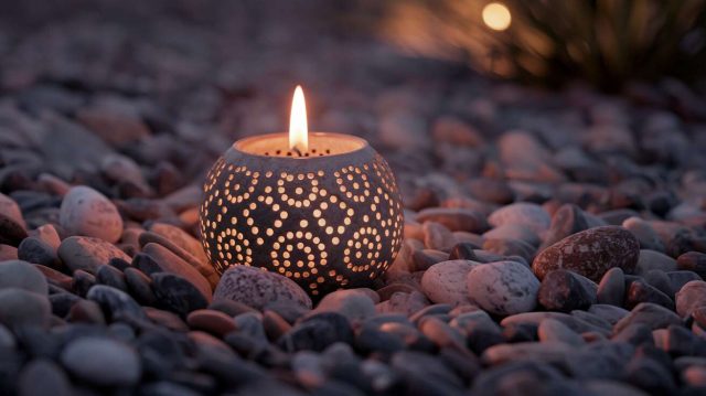 1751446203-zoom-sur-une-bougie-decorative-entouree-de-galets-propre-et-allumee-au-crepuscule-ambiance-douce-et-estivale.jpg Bougies d’extérieur : Nettoyez-les des résidus d’insectes en un clin d’œil, c’est simple