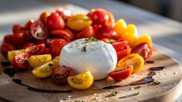 1751451510-gros-plan-sur-des-tomates-cerises-rouges-et-jaunes-coupees-en-deux-arrosees-dhuile-dolive-lumiere-naturelle-du-matin.jpg Burrata crémeuse aux tomates cerises : l’entrée facile et rapide
